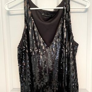 Black Sequin Tank Top with Fringe Detail
